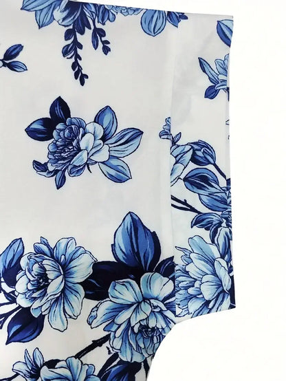 Plus Size 1XL-5XL Women Fashion Summer V-neck Floral Print Short Sleeves Dress Ladies Elegant Print Loose Summer Dress