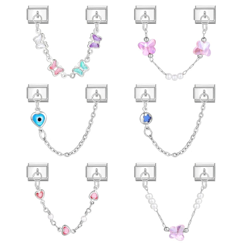 Tassel Chain Butterfly Flowers Star Moon Heart Zircon Italian Charm Links Fit 9mm Bracelet Stainless Steel DIY Jewelry Making