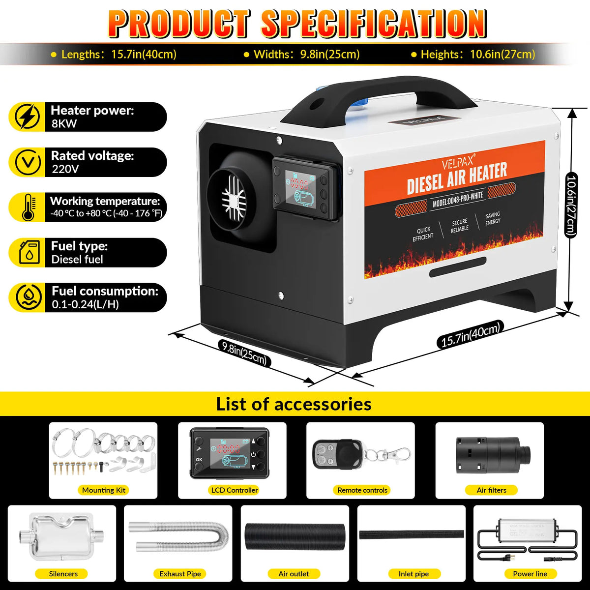 8kW 110V Diesel Heater – Portable Diesel Air Heater with Remote Control, Large LCD Screen, Smart Remote Control, Adjustable Temperature (18–40°C), for RVs, Yachts and Trucks (White)