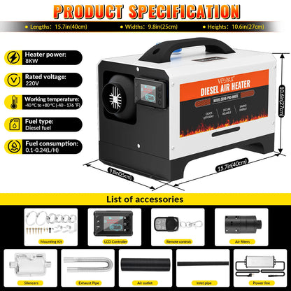 8kW 110V Diesel Heater – Portable Diesel Air Heater with Remote Control, Large LCD Screen, Smart Remote Control, Adjustable Temperature (18–40°C), for RVs, Yachts and Trucks (White)