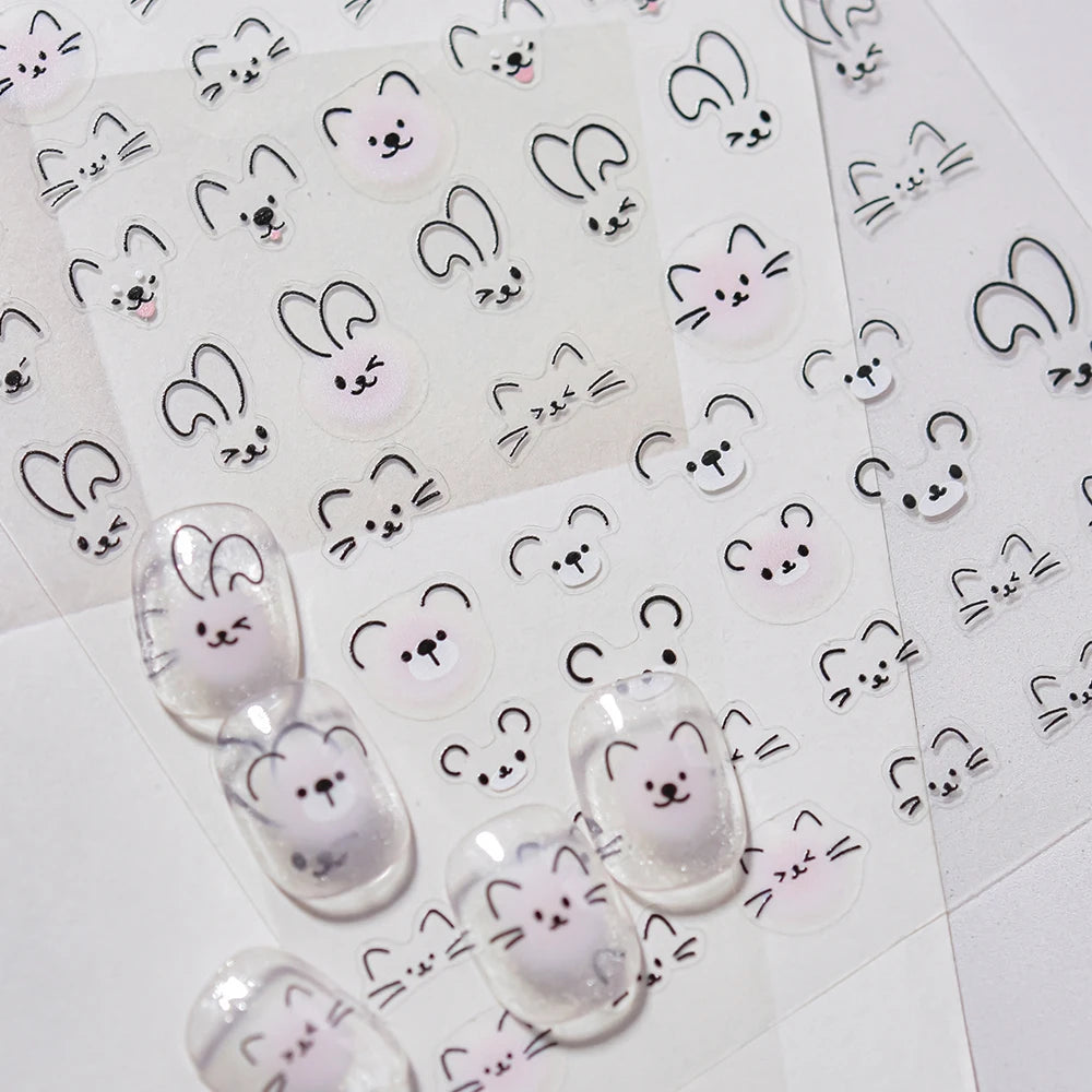 Cute Animal Face 5D Nail Art Stickers Cartoon Cat Bunny Dog Mouse Kawaii Expressions Simple Self Adhesive Manicure Decal DIY