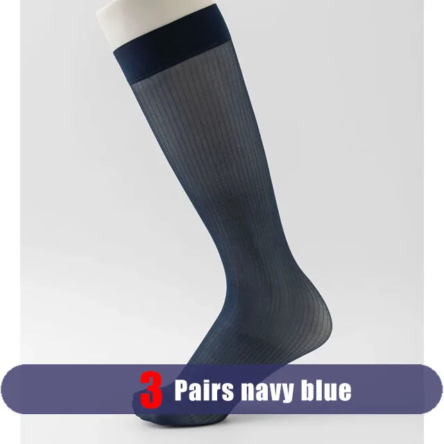 3 Pairs Summer Man Silk Socks Long Business Thin Nylon Striped Breathable Soft Elastic Below Knee Calf Formal Wear Crew Socks