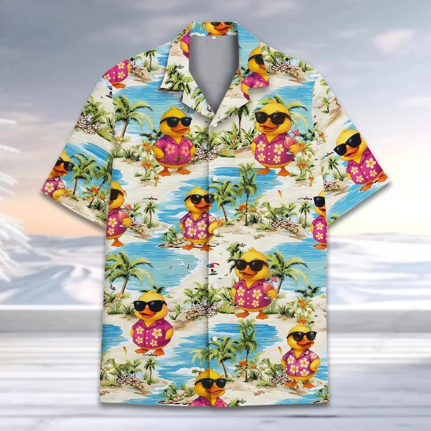 Funny Neon Rubber Duck Hawaiian Shirt for Men Galaxy Yellow Duck Mens Hawaiian Casual Button Down Shirts Short Sleeve Shirt Tops