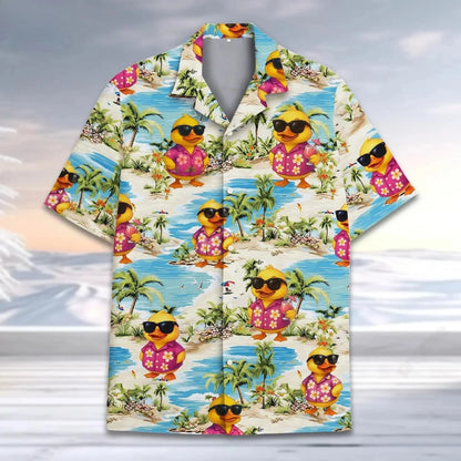 Funny Neon Rubber Duck Hawaiian Shirt for Men Galaxy Yellow Duck Mens Hawaiian Casual Button Down Shirts Short Sleeve Shirt Tops