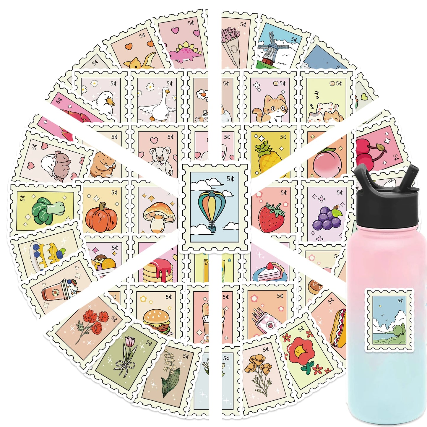50pcs Small Fresh Stamp Art Stickers Aesthetic Phone Bike Wall Scrapbook Motorcycle Waterproof Cartoon Sticker For Toys Gifts