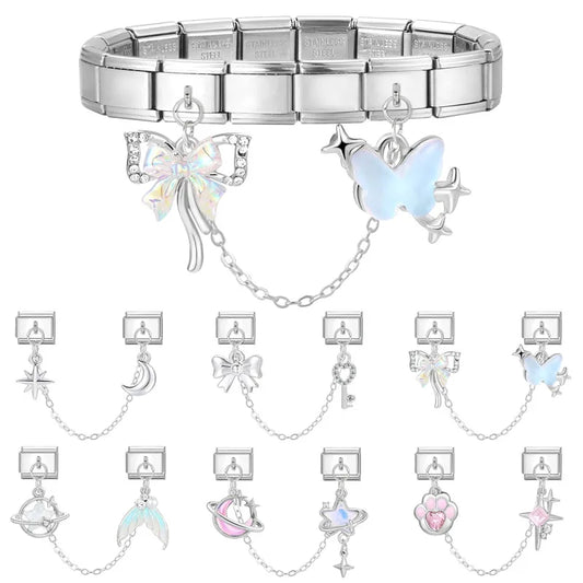 Tassel Chain Butterfly Flowers Star Moon Heart Zircon Italian Charm Links Fit 9mm Bracelet Stainless Steel DIY Jewelry Making