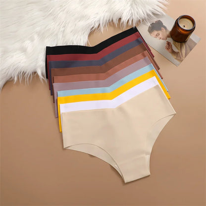 4PC Women Seamless Briefs Sexy V-Waist Underwear 10 Solid Colors Ice Silk No Trace Panties Female Breathable Intimates Lingerie