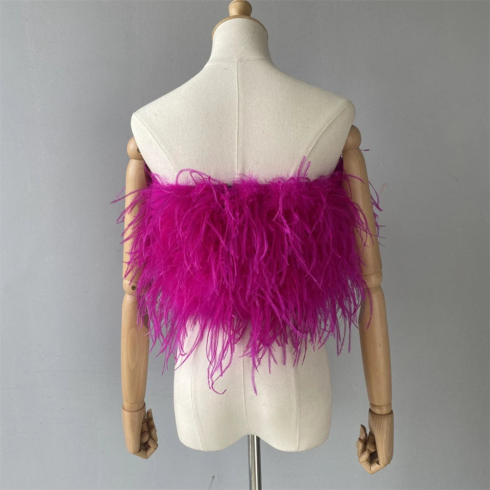 Jaxmonoy New Women Ostrich Feather Tube Spring Summer Sexy Stretch Top Bra Lady Party Wedding Fashion Sleeveless Cropped Top