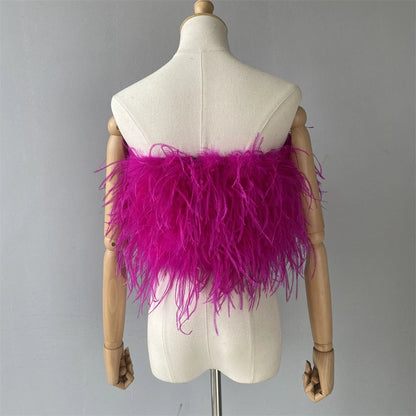 Jaxmonoy New Women Ostrich Feather Tube Spring Summer Sexy Stretch Top Bra Lady Party Wedding Fashion Sleeveless Cropped Top