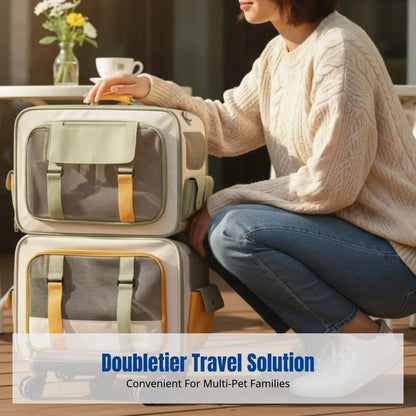 Home Cat Carrier Backpack, Dual-Compartment Pet Trolley, Spacious, Portable, Airline Travel Luggage for Multiple Cats and Dogs