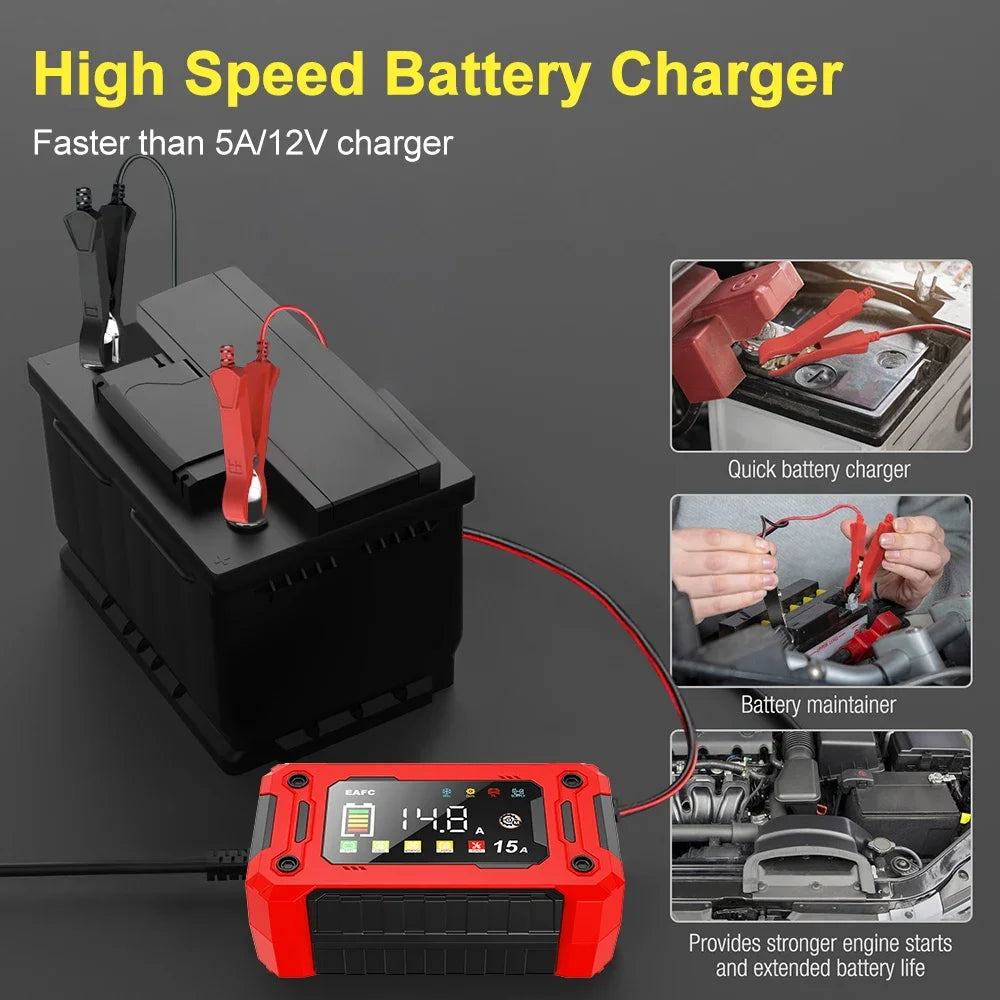 12V 8A /12V 15A Car Battery Charger | One-Touch Pulse Repair & Auto Start | All-in-One Fast Charger for Car, Motorcycle, Truck