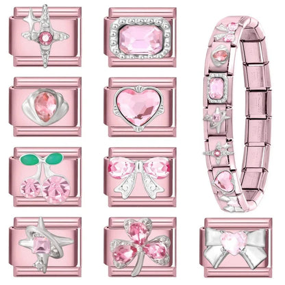2025 New Women Romantic Pink Cherry Heart Shiny CZ Italian Charm Links Fit 9mm Bracelet Stainless Steel DIY Making Jewelry Gifts