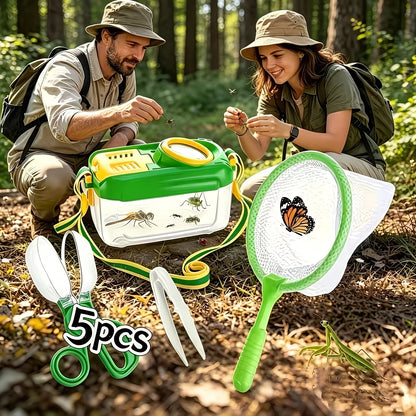 Outdoor Insect Observation Set, 5-Piece Set, Insect Collection and Observation Box with Magnifying Glass, Insect Catching Net, Insect Catching Scissors, Tweezers, Portable Lanyard, Natural Science Exploration, Outdoor Learnin