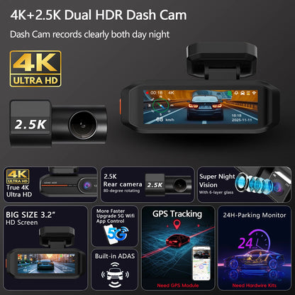 4K 3840*2160P Dash Cam WiFi GPS ADAS Front 4K Rear 2.5K DVR Video Recorder 24H Night Vision Dashcam Car Camera For Car Black Box