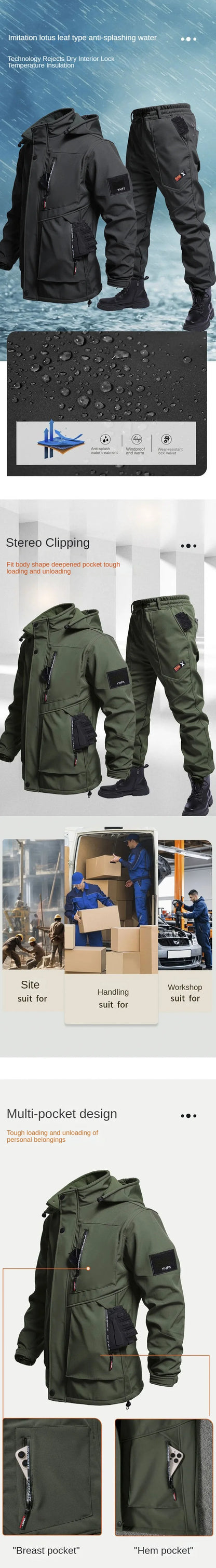 Autumn And Winter Solid Color Hooded And Velvet Assault Set Outdoor Labor Protection Suit Casual Mountaineering Work Suit