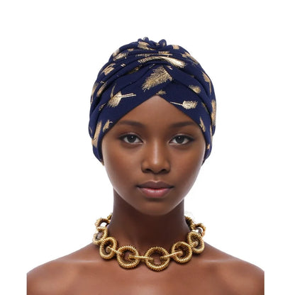 Feather Gold Stamping Fabric Turban Cap for Women African Wrap Head Bonnet Muslim Under Scarf Hat Turbante Mujer