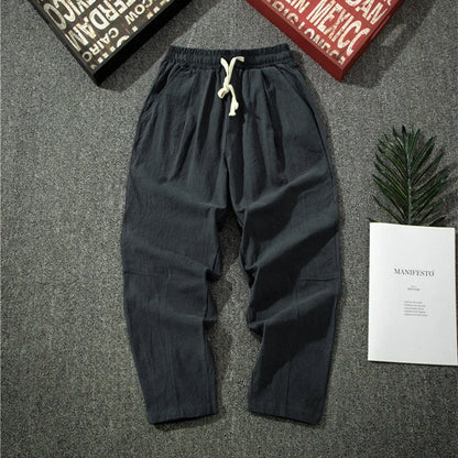 Streetwear Men Cotton Trousers Casual Solid Color Long Pants Breathable Drawstring Straight Pants Harem Pants Men Baggy Pants