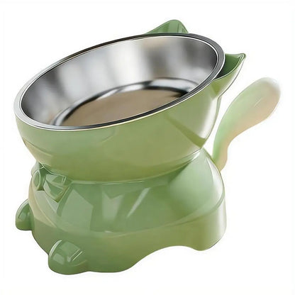 Elevated Stainless Steel Cat Bowl, Inclined Food & Water Dish with Cute Ear Stand, Neck Protection Design for Cats