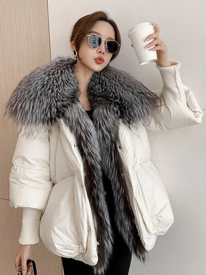 2024 Winter Women Warm Coat Oversized Real Fox Fur Collar Thick Luxury Outerwear New Fashion 90% Goose Down Jacket