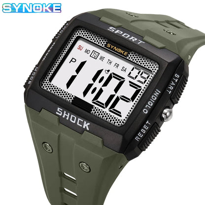 SYNOKE New For Men Sports Electronic Watch Waterproof Night Glow Large Screen Square Outdoor Running Camping Student Watch