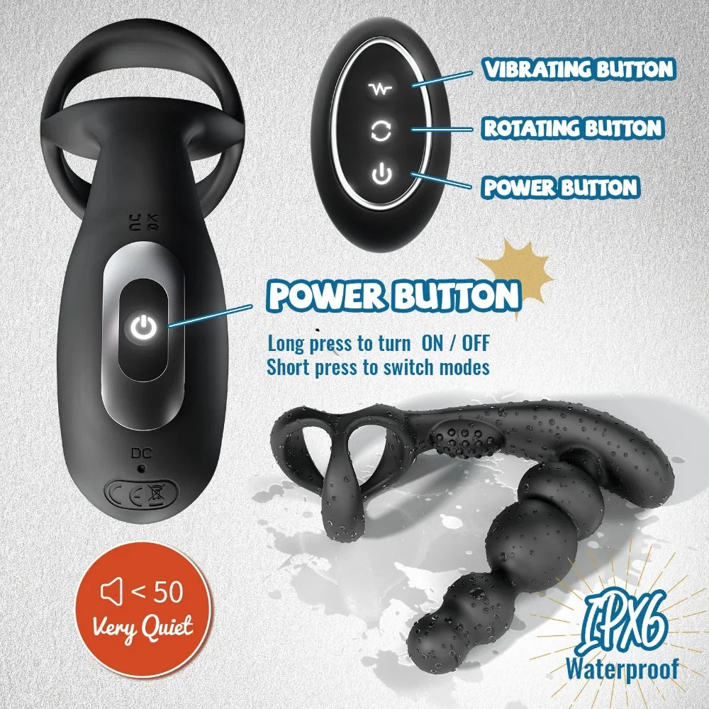 Male Prostate Massager Vibrator 360 Anal Beads Penis Ring 3 Rotation 10Vibration Modes Remote Butt Plug Sex Toys for Couples Men