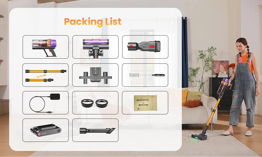 Erabros EV5 550W 70KPA Cordless Vacuum Cleaner Ultra-Strong Suction Power 80Mins Runtime Handheld Smart Vacuum Cleaner 4 Modes