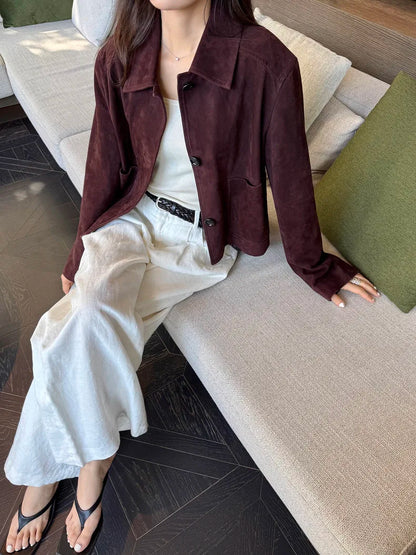 European Imported Kid Suede Leather Jacket for Woman High Grade Turn Down Collar Pocket Short Cropped Coat Long Sleeve Top Mujer