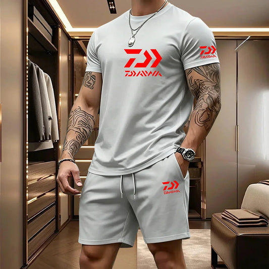 2026 Summer Men's Short Sleeved T-shirt Drawstring Shorts Set Breathable Outdoor Sports Set Men's Daily Fishing Suit
