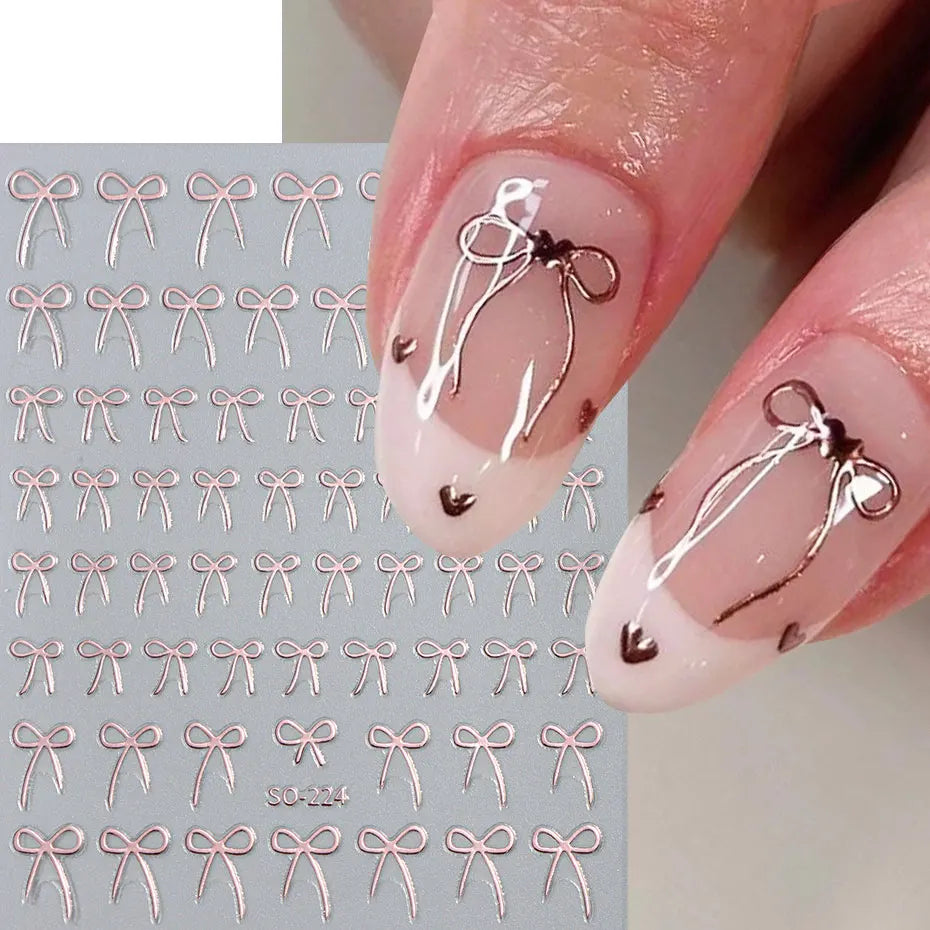 8pcs Mixed Color Bow Nail Art Stickers 3D Cute Red Black Pink bowknot Nail Charms Foils Y2K Gold Laser Effect Bow Manicure Decor
