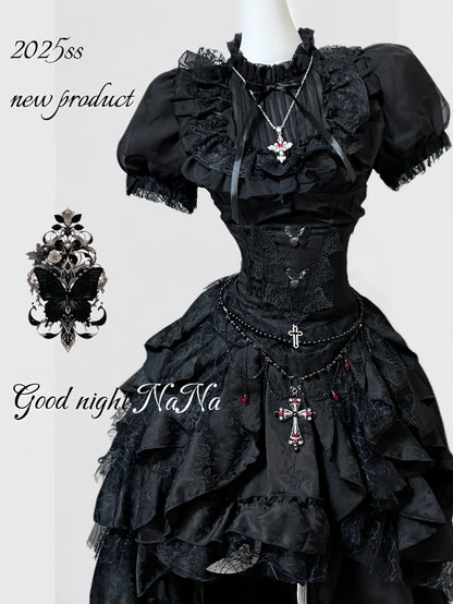 Gothic Dark Black Vintage Lace Blouse Retro Punk Light Lolita Short Sleeves Lace-up Slim Top and Multi Layers Skirt Set 2pcs Set