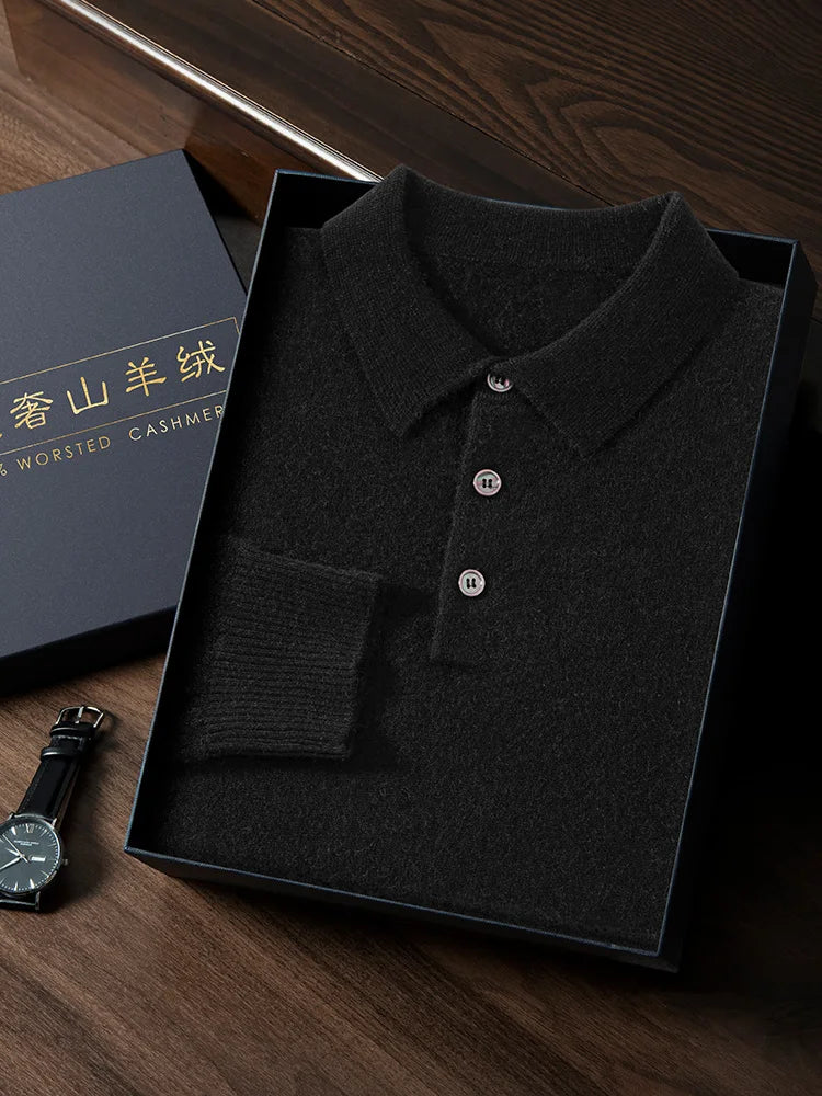 ANGEL 2024 Men's New POLO Shirt 100% Cashmere Knitted Pullover Solid Color Sweater Fall Winter Casual Business Office Jacket