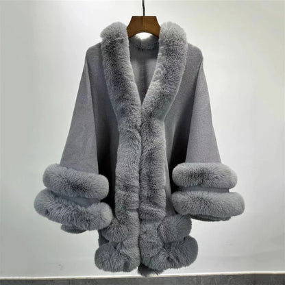 2024 Women 2 Circle Wraps Long Faux Rabbit Fur Cape Poncho Winter Loose Thick Warm Shawl Outerwear Knitted Cloak Overcoat