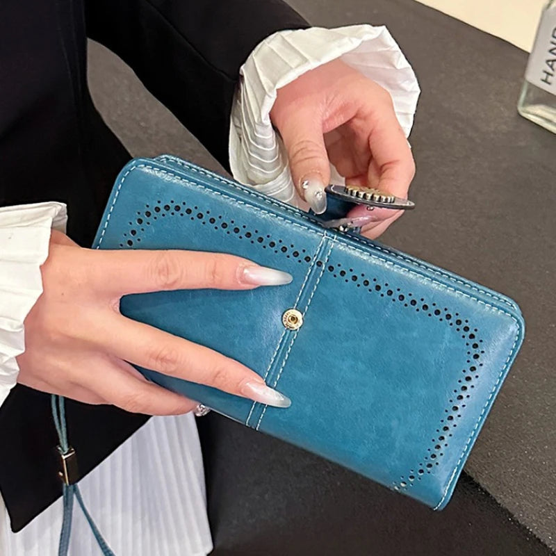 Vintage Hollow PU Long Wrist Wallet, Multi Card Slots Snap Zipper Ladies Purse For ID Cards Cash Bank Cards