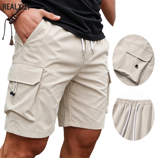 Men's Summer Cargo Shorts Multi-Pocket Drawstring Pants Casual Loose Fit Knee-Length Shorts for Outdoor & Streetwear