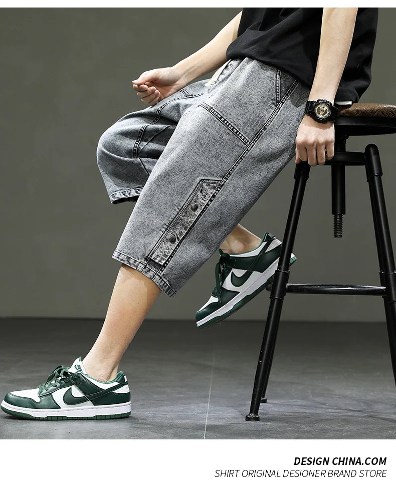 Korean Style Men's Long Shorts 3/4 Length Denim Bermuda Male Big Plus Large Size Jeans Fashion Below Knee Streetwear Loose Baggy