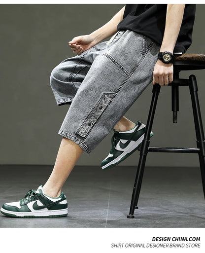 Korean Style Men's Long Shorts 3/4 Length Denim Bermuda Male Big Plus Large Size Jeans Fashion Below Knee Streetwear Loose Baggy
