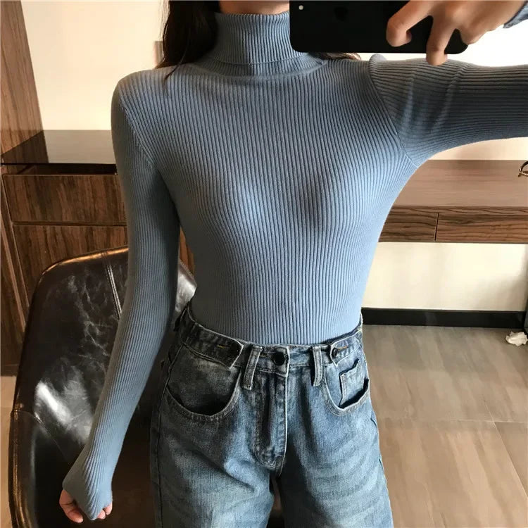 2026 Autumn Winter Sweater Women Knitted Ribbed Pullover Sweater Long Sleeve Turtleneck Slim Jumper Soft Warm Pull Femme