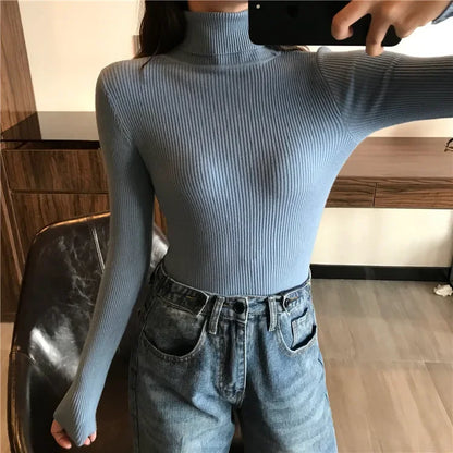 2026 Autumn Winter Sweater Women Knitted Ribbed Pullover Sweater Long Sleeve Turtleneck Slim Jumper Soft Warm Pull Femme