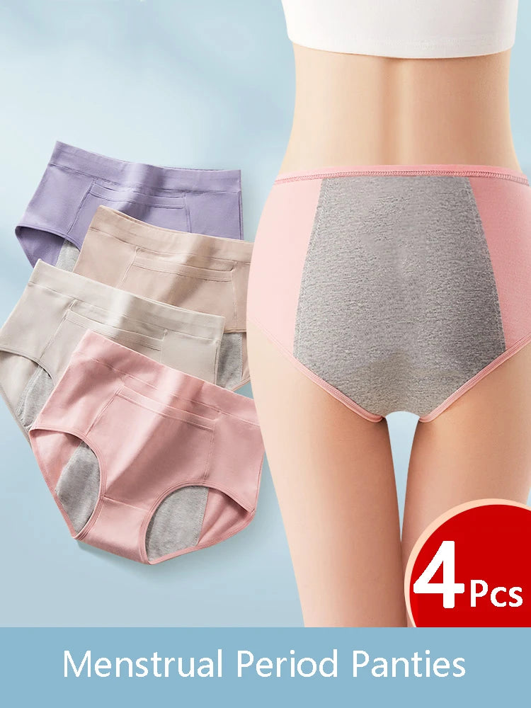 4Pcs Women's Menstrual Panties Physiological Pants Leak Proof Underwear Ladies Period Panty High Waist Cotton Briefs Lingerie