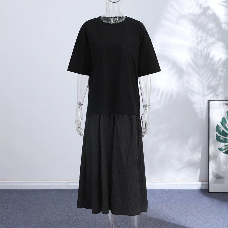 2026 Summer New Loose Patchwork Dresses Women's Pleated Fashion Short Sleeve O-neck Long Robes Female Elegant Casual Dress