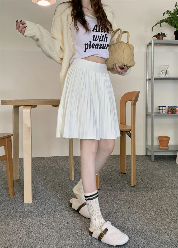 White Knitted Pleated Skirt Women Autumn Winter 2025 New High Waist Mini Skirt Lady's Fashion Korean Solid Women's Short Skirts