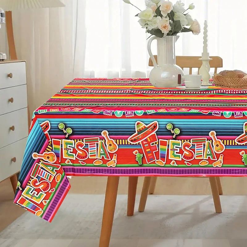 Mexican Stripes Plastic Tablecloth Holiday Party Decor Day of The Dead Waterproof Rectangle Tablecloth Mexican Fiesta Decoration