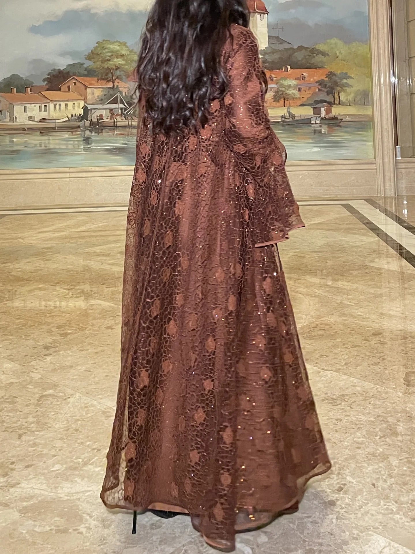 Muslim Women Abaya Dress 2 Piece Set Flare Sleeve Lace Sequin Satin Morocco Caftan Dress Musulman Ensembles Cadigan Outfit Suits