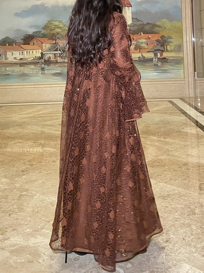 Muslim Women Abaya Dress 2 Piece Set Flare Sleeve Lace Sequin Satin Morocco Caftan Dress Musulman Ensembles Cadigan Outfit Suits