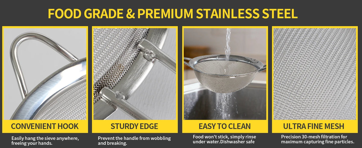 tastyWay 3pcs/set Stainless Steel Fine Mesh Strainers Multipurpose Flour Sifter For Baking With Handle Flour Sieve Sifter Baking