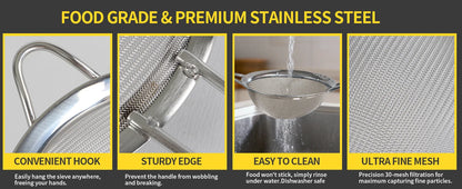 tastyWay 3pcs/set Stainless Steel Fine Mesh Strainers Multipurpose Flour Sifter For Baking With Handle Flour Sieve Sifter Baking