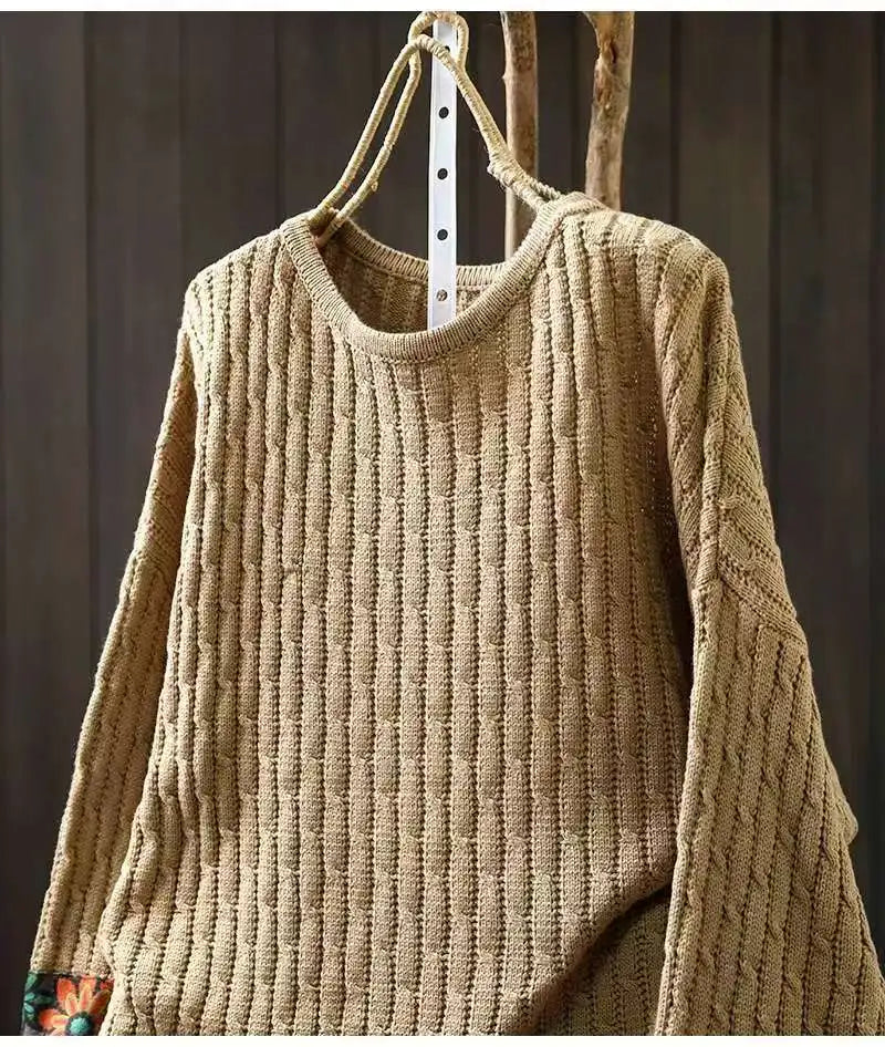 Winter Fall Fashion Vintage Sweater Women's O-neck Loose Casual Lazy-style Casual Pullover Tops Flower Print Patchwork Knitwear