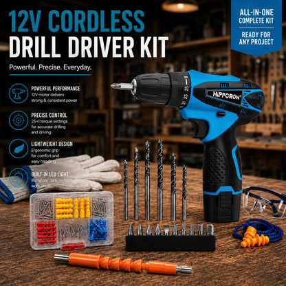 Hippcron 12V Lithium Electric Drill Tapping Cordless Impact Tool Ratchet Set Multifunction Screwdriver Household with 3/8" Chuck