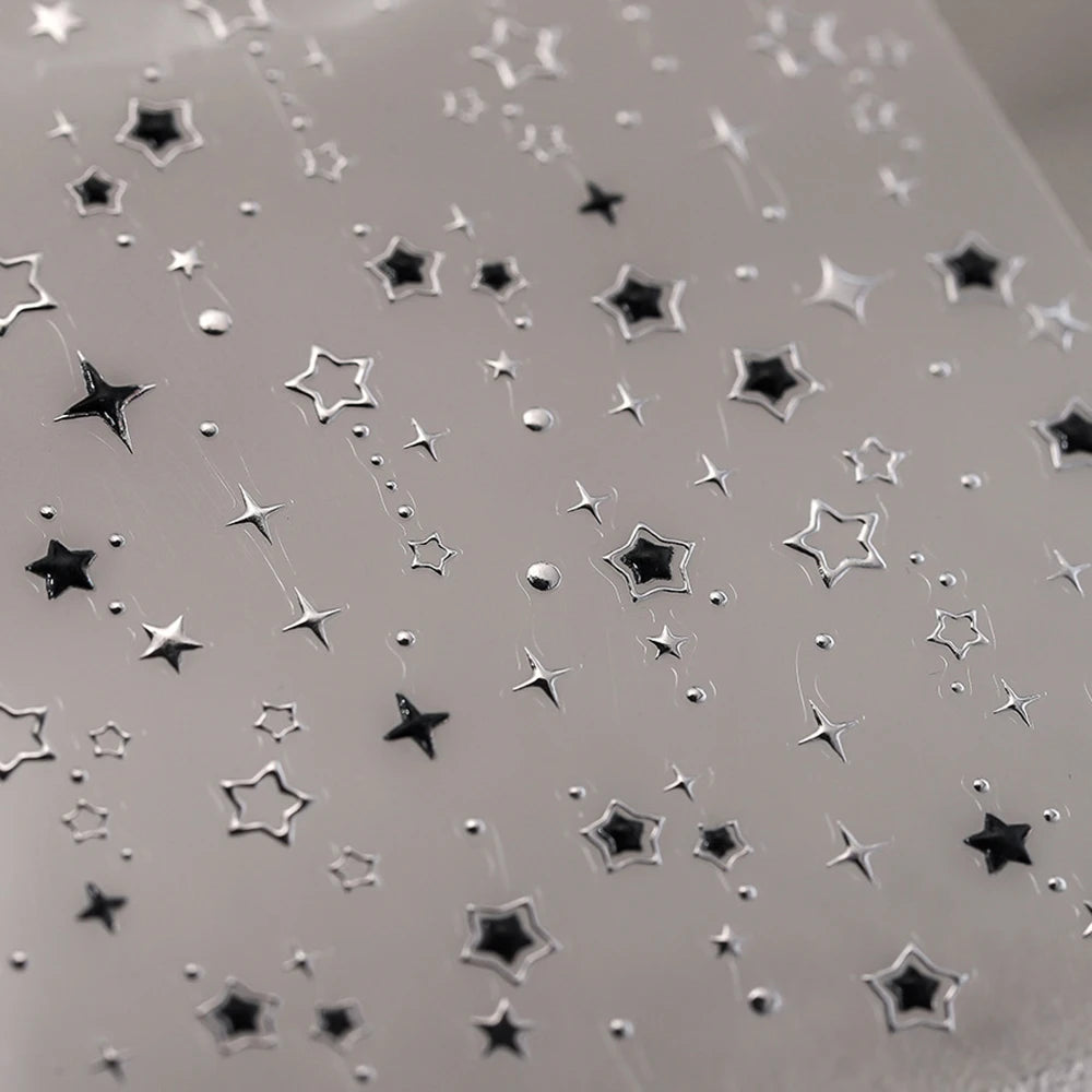 5D Luxury Star Nail Stickers for Nail Art Stars Black Silver Nail Decals Gilding Hollow Out Five-Pointed  Nail Art Design Slider