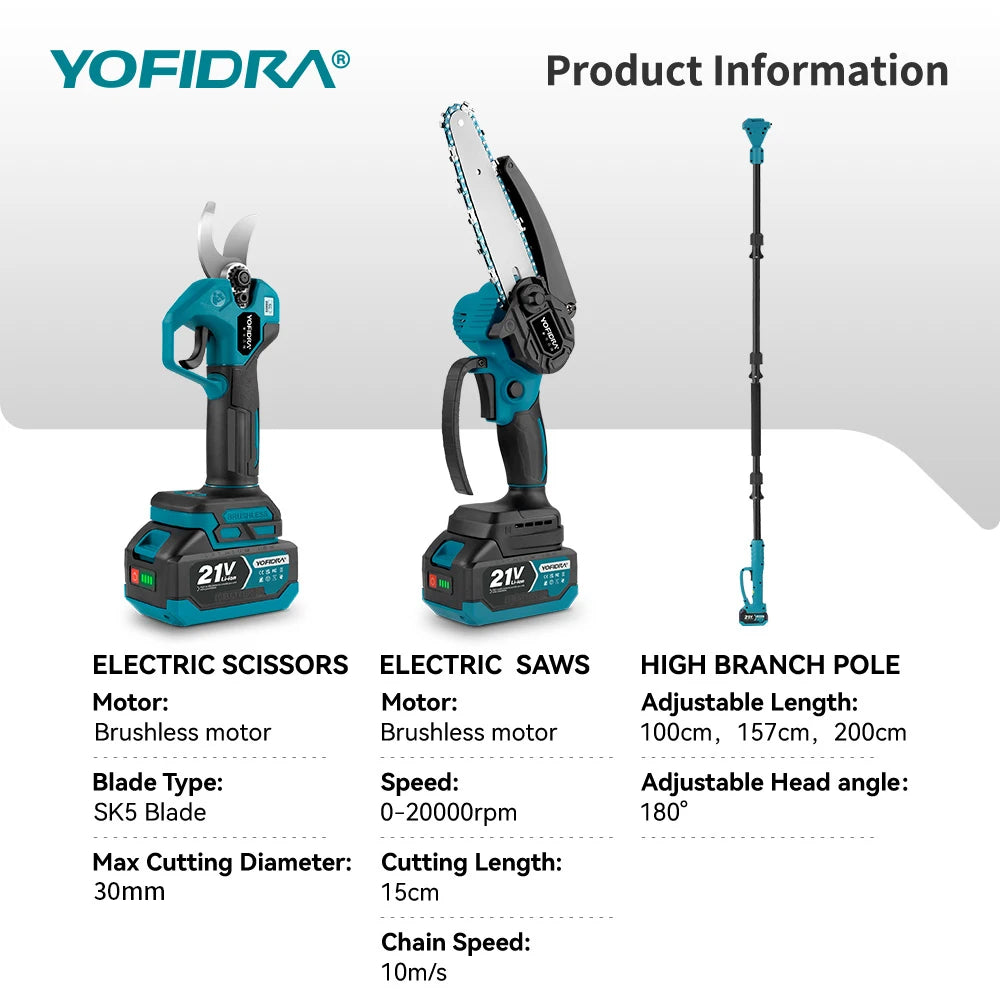 YOFIDRA 3IN1 Brushless Electric Chainsaw Telescoping Pole High Branch Saw Woodworking Pruning Power Tool  Makita 21V Battery Pin